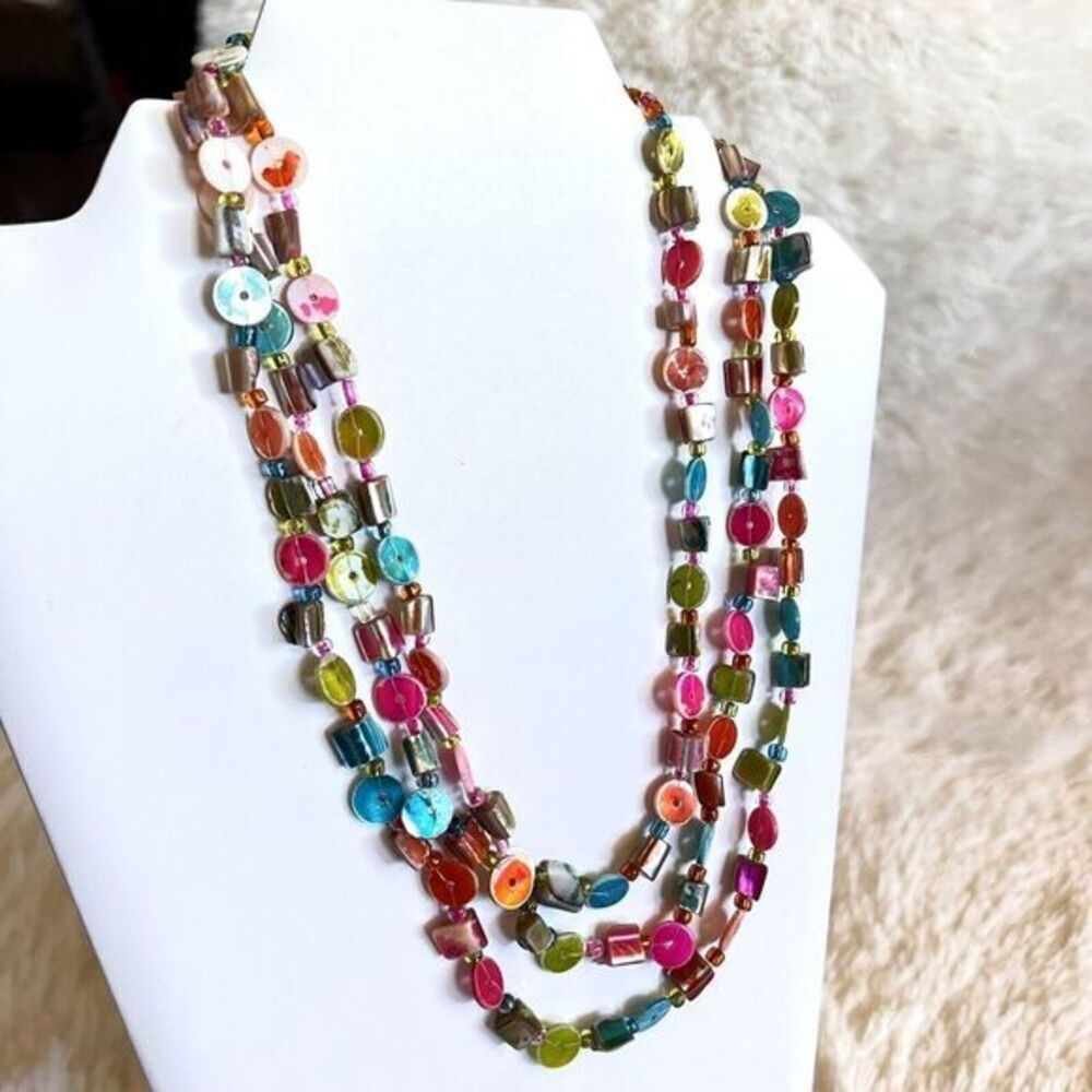 17" Multi-Strand Multicolor Handmade Statement Necklace / Boho Style / Shell - Picture 9 of 12